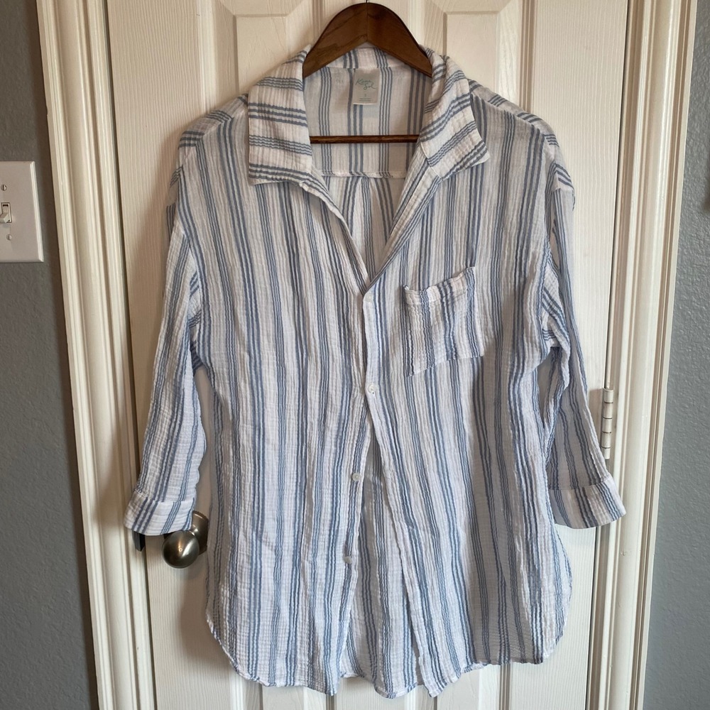 Kona Sol Womens Blue White Striped Cotton Gauze Button Down Swim Cover Up Small